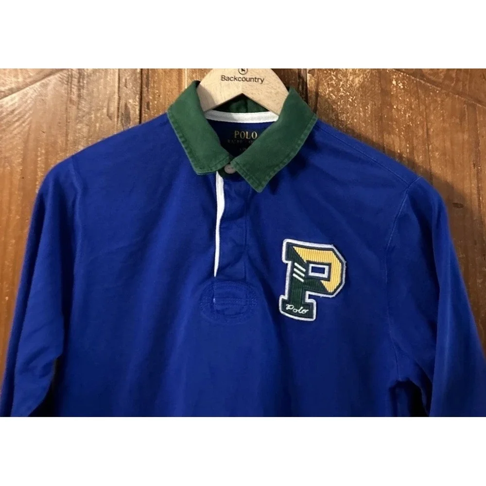 Boys Polo Ralph Lauren Cotton Jersey Letterman Rugby Polo Shirt Large 14-16